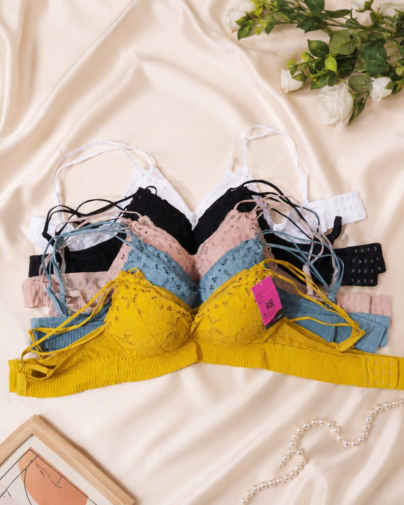 Padded lace strappy bra in 5 colours - white, black, blush pink, blue, mustard - Elishwear