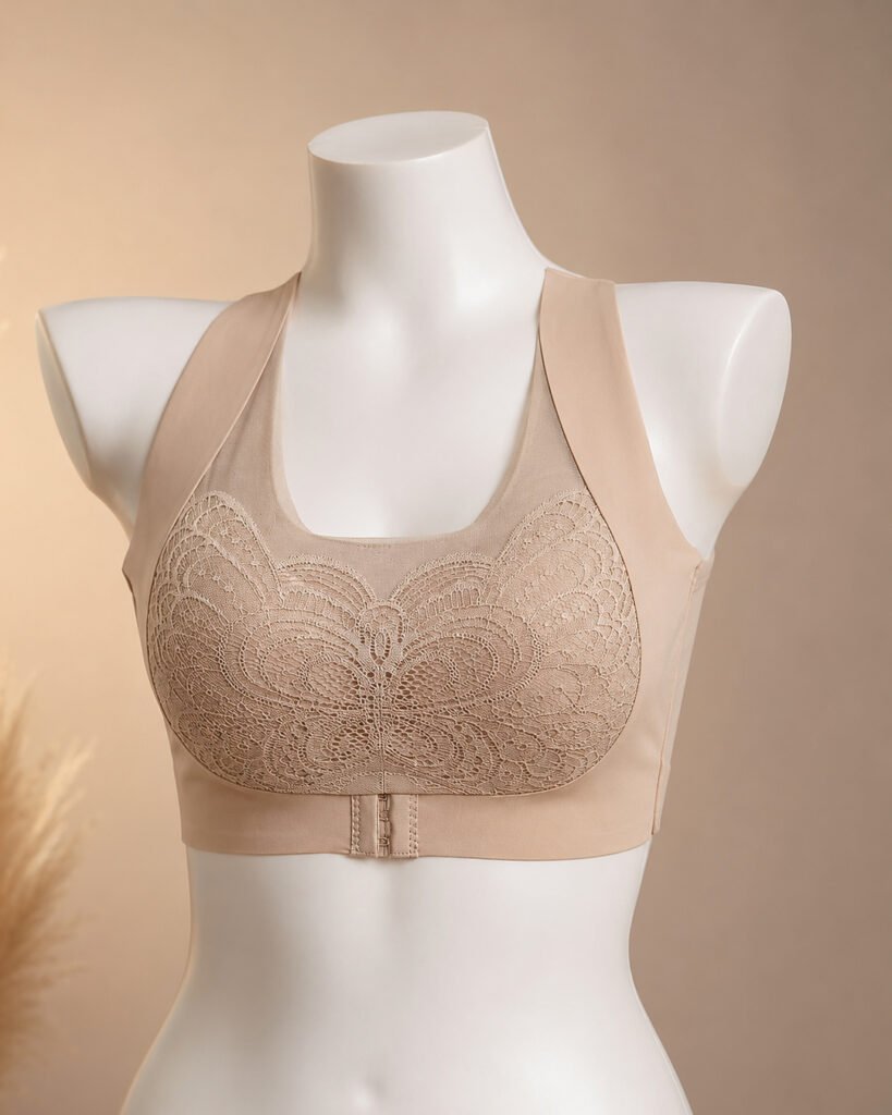 Peach double front strap push-up bra with front closure and lace front panel