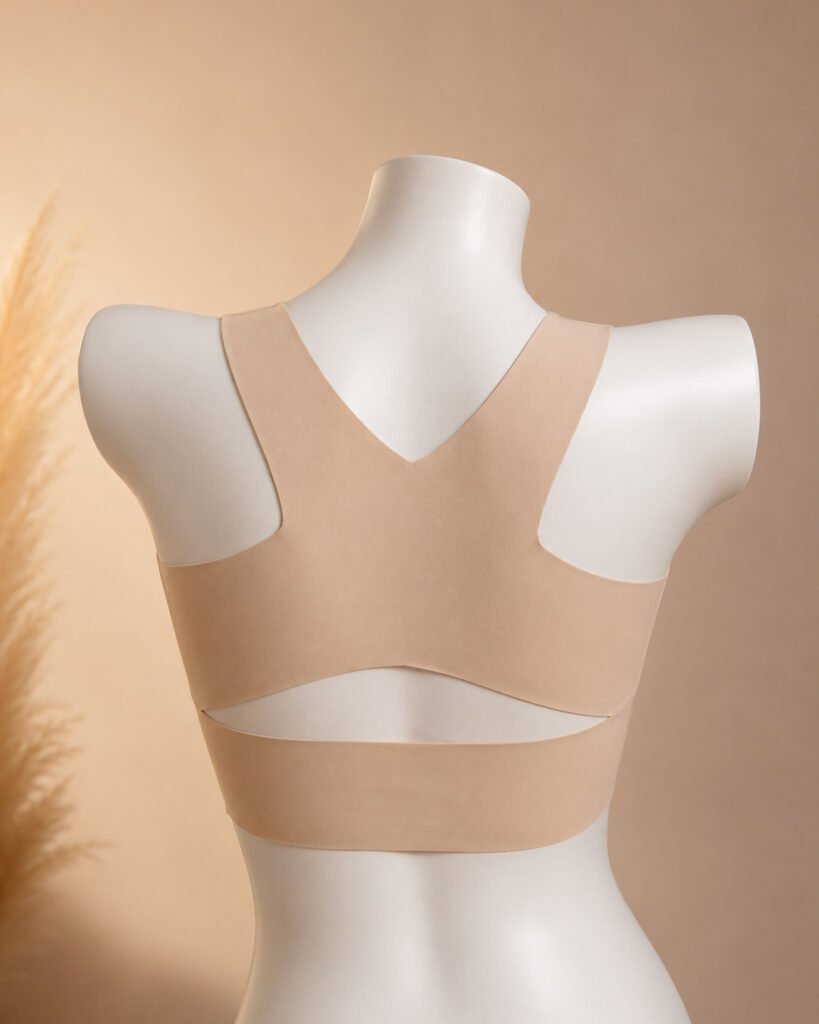 Back view of double front strap push-up bra with wide V-back support band