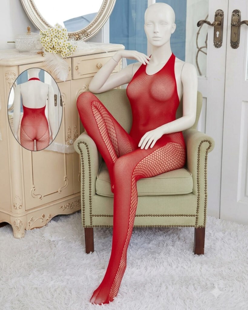 Red fishnet open crotch full body bodystocking catsuit lingerie by ElishWear