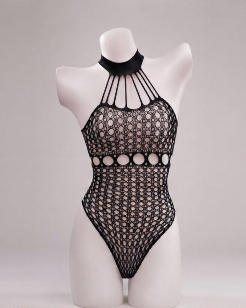 Black fishnet halter neck bodysuit net teddy lingerie by ElishWear